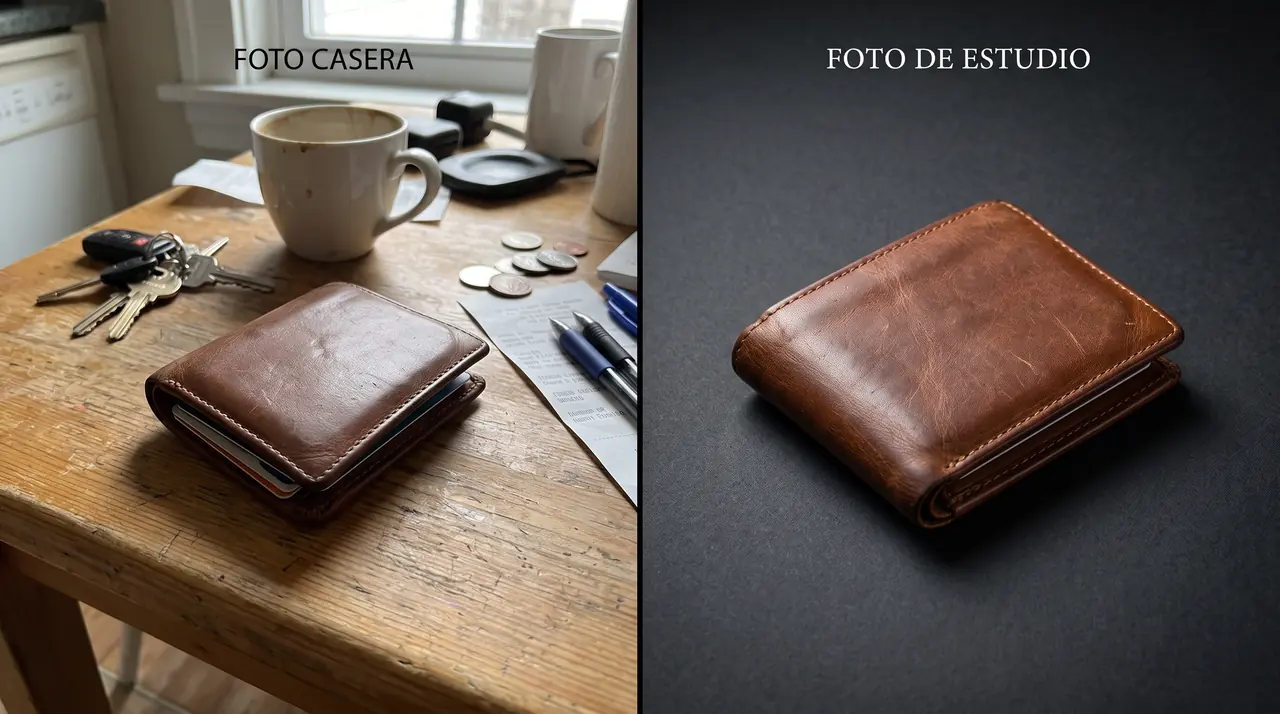 Ejemplo referencial: foto casera de una billetera de cuero frente a la misma billetera en foto de estudio