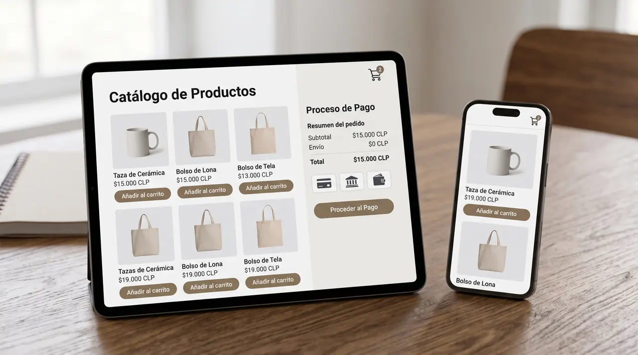 Ejemplo referencial de tienda online con catálogo de productos y proceso de pago en tablet y celular