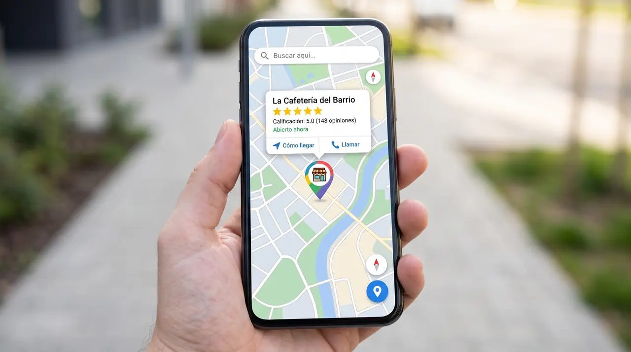 Ejemplo referencial de ficha de negocio local en Google Maps con calificación de 5 estrellas en un celular