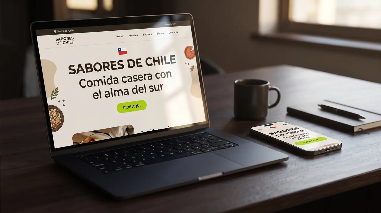 Ejemplo referencial de landing page de un negocio de comida chilena en un notebook y un celular